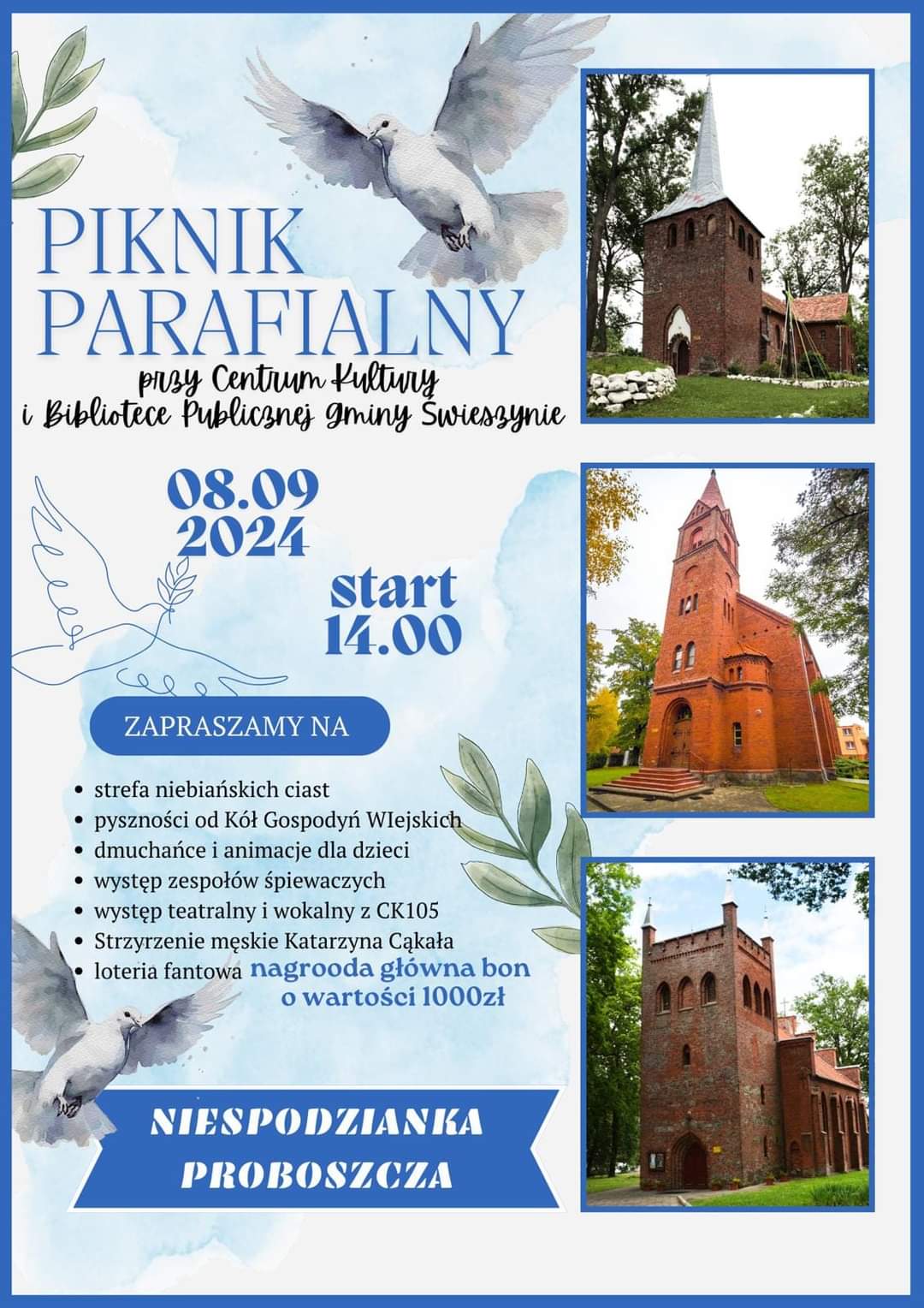 Plakat z zaproszeniem na piknik parafialny w Świeszynie 8 września 2024