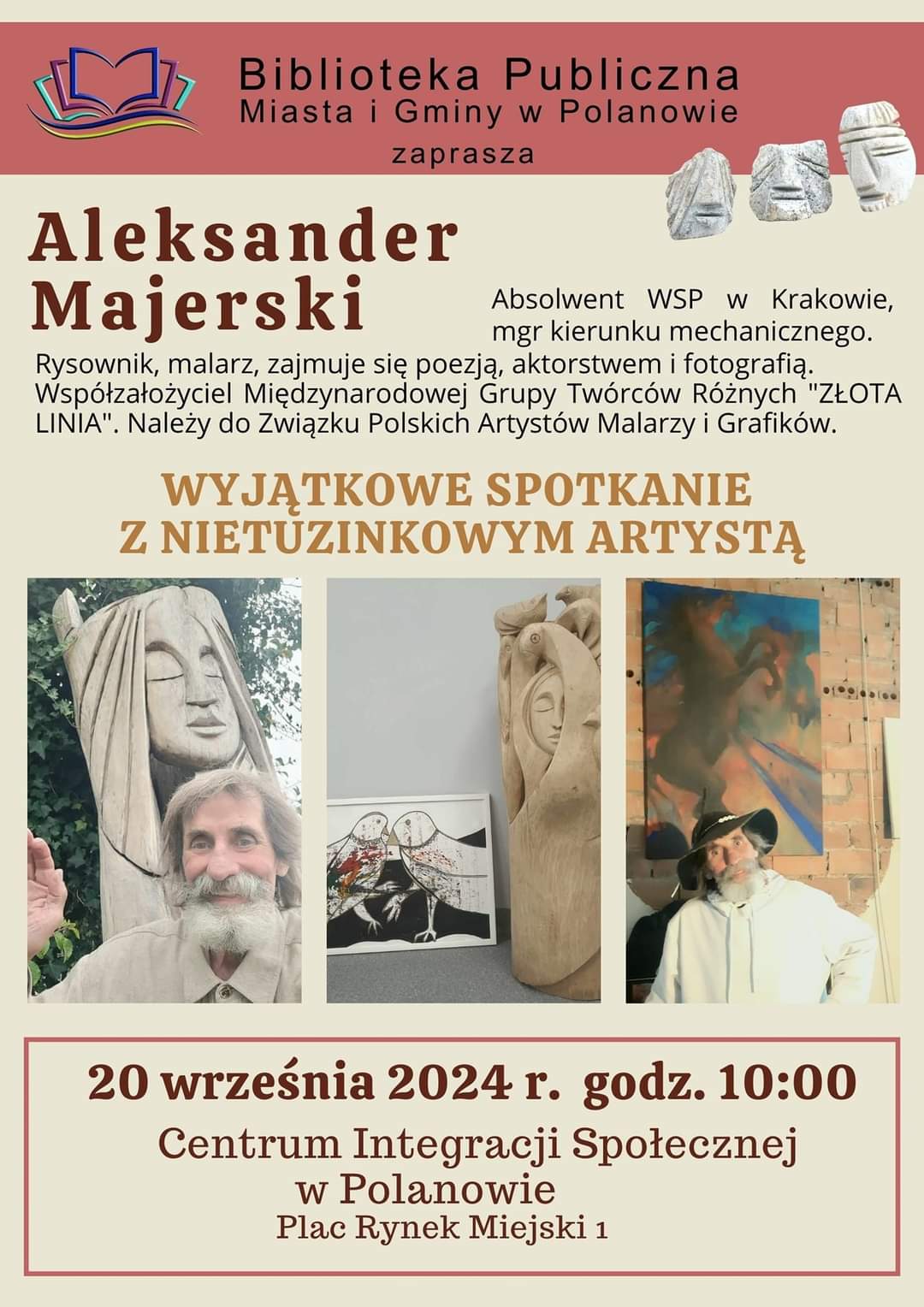 Plakat z zaproszeniem na spotkanie z artystą Aleksandrem Majerskim 20 września 2024 Polanów