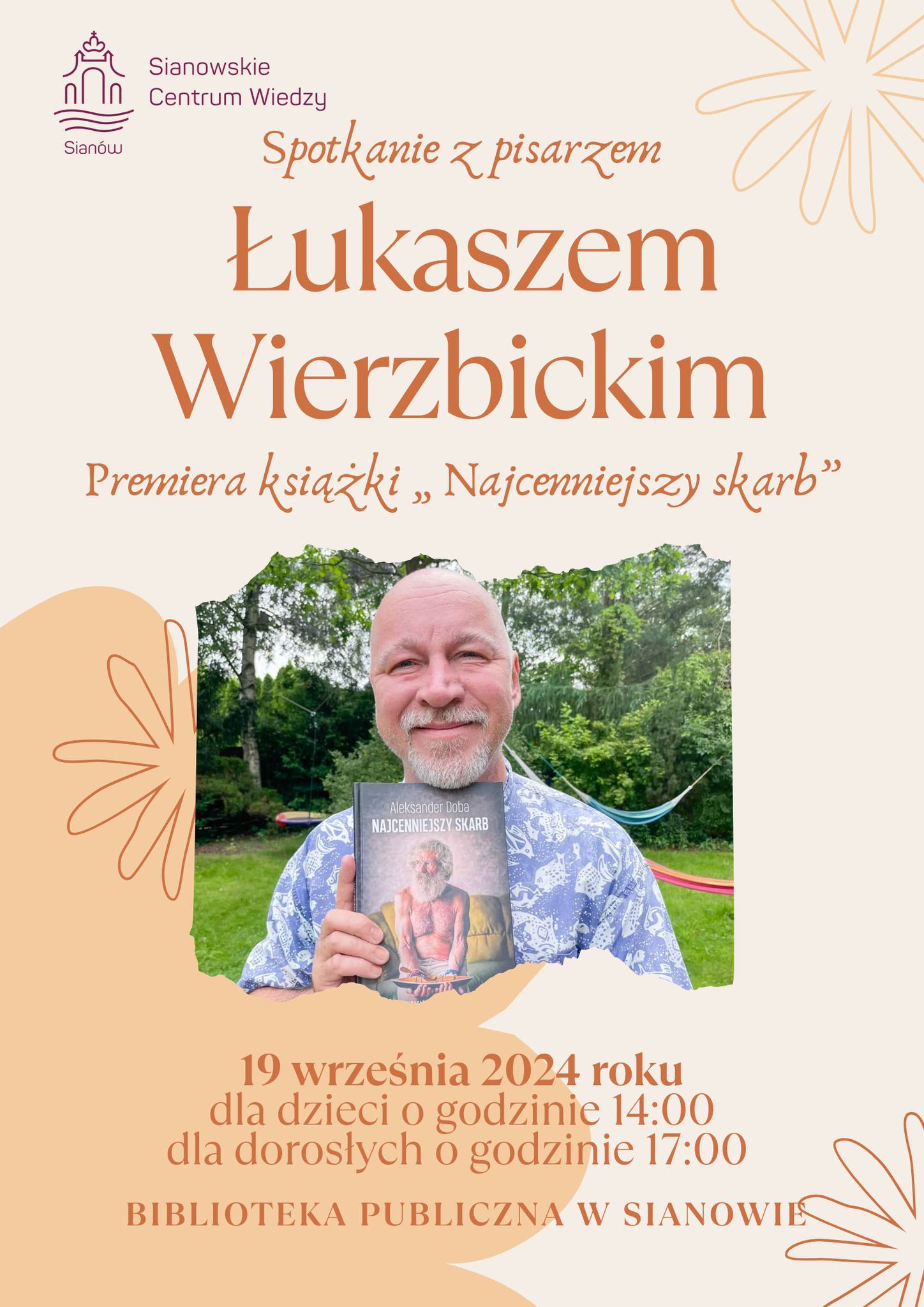 Plakat z zaproszeniem na spotkanie z pisarzem Łukaszem Wierzbickim w Sianowie 19 września 2024