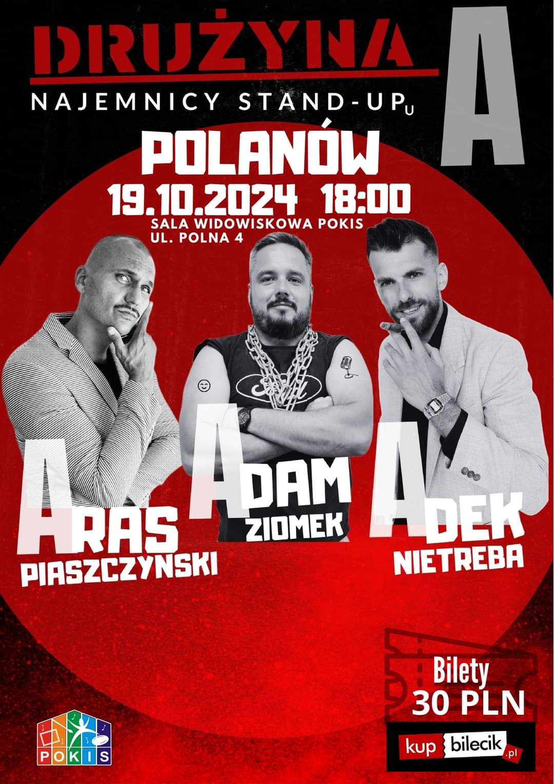 Plakat z zaproszeniem na stand up w Polanowie 19 października 2024