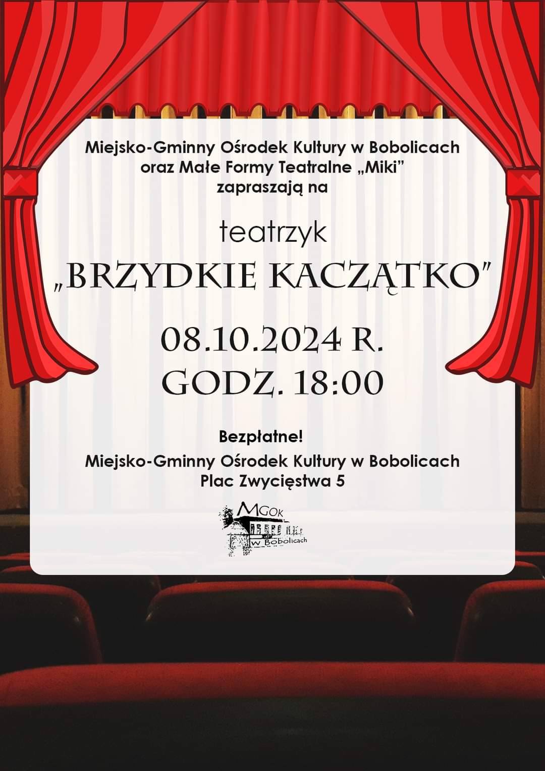 Plakat z zaproszeniem na teatrzyk Brzydkie Kaczątko 8 października 2024 w Bobolicach