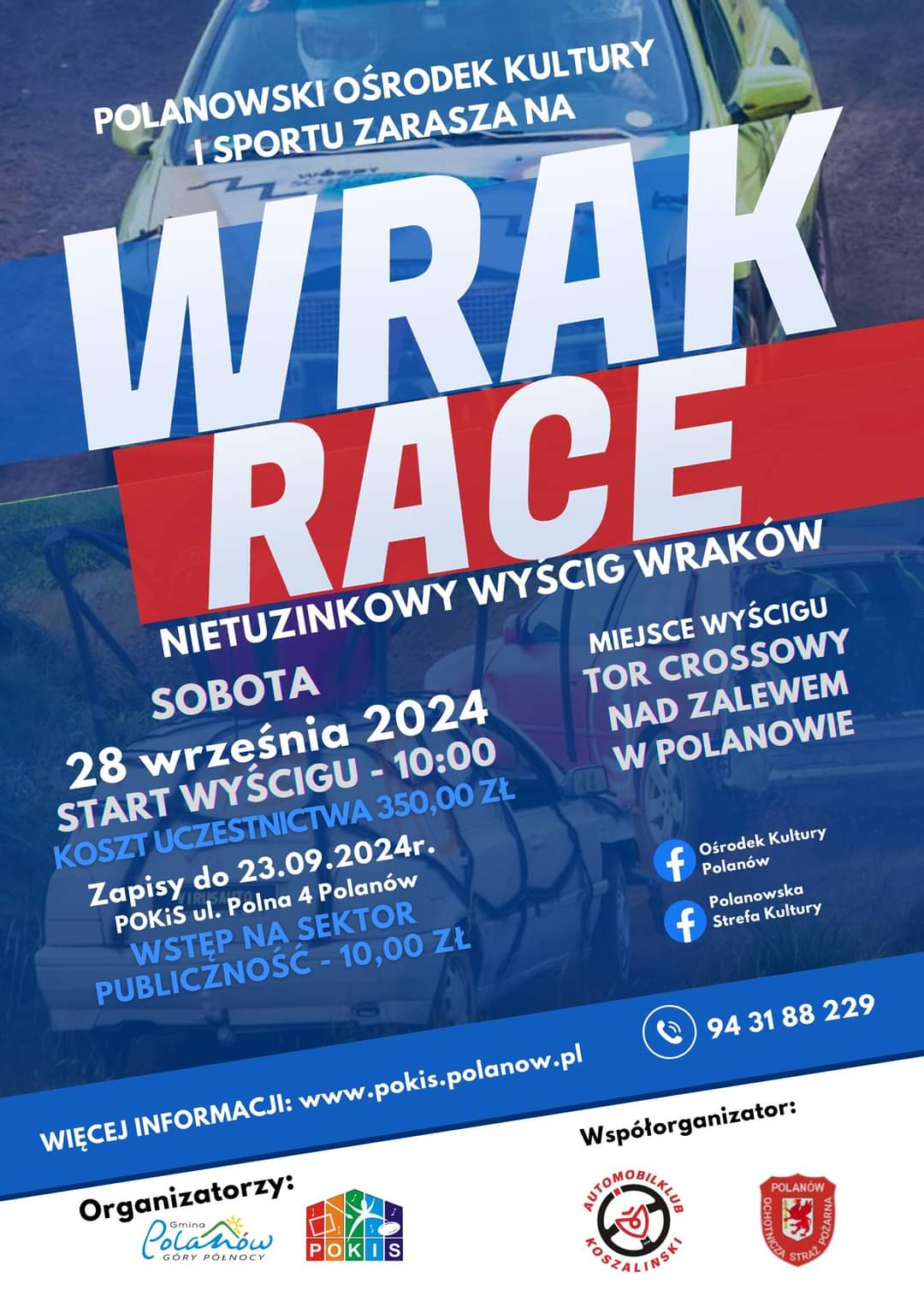 Plakat z zaproszeniem na wrak race w Polanowie 28 września 2024