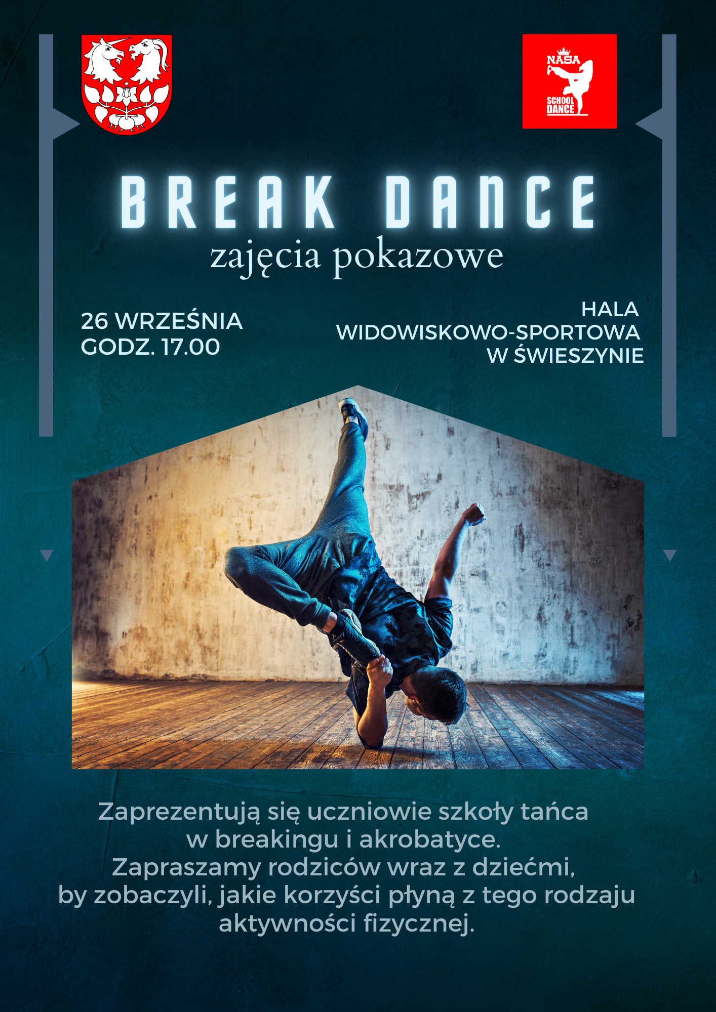 Plakat z zaproszeniem na zajęcia pokazowe brake dance w Świeszynie 26 września 2024