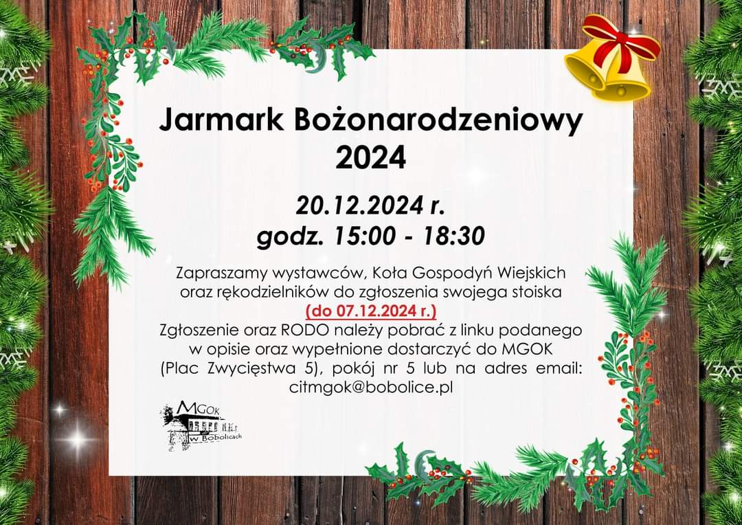 Plakat z zaproszeniem dla wystawców na Jarmark Bożonarodzeniowy w Bobolicach 20 grudnia 2024