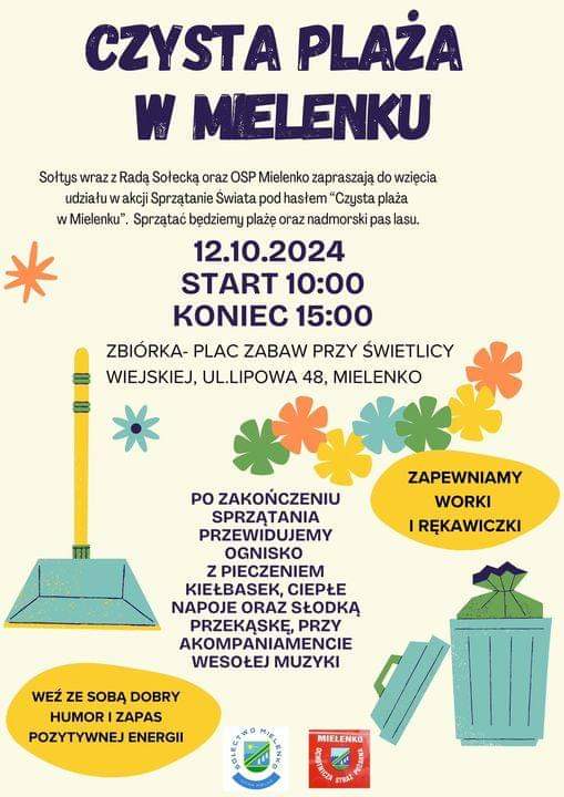 Plakat z zaproszeniem do udziału w akcji czysta plaża w Mielenku 12 października 2024