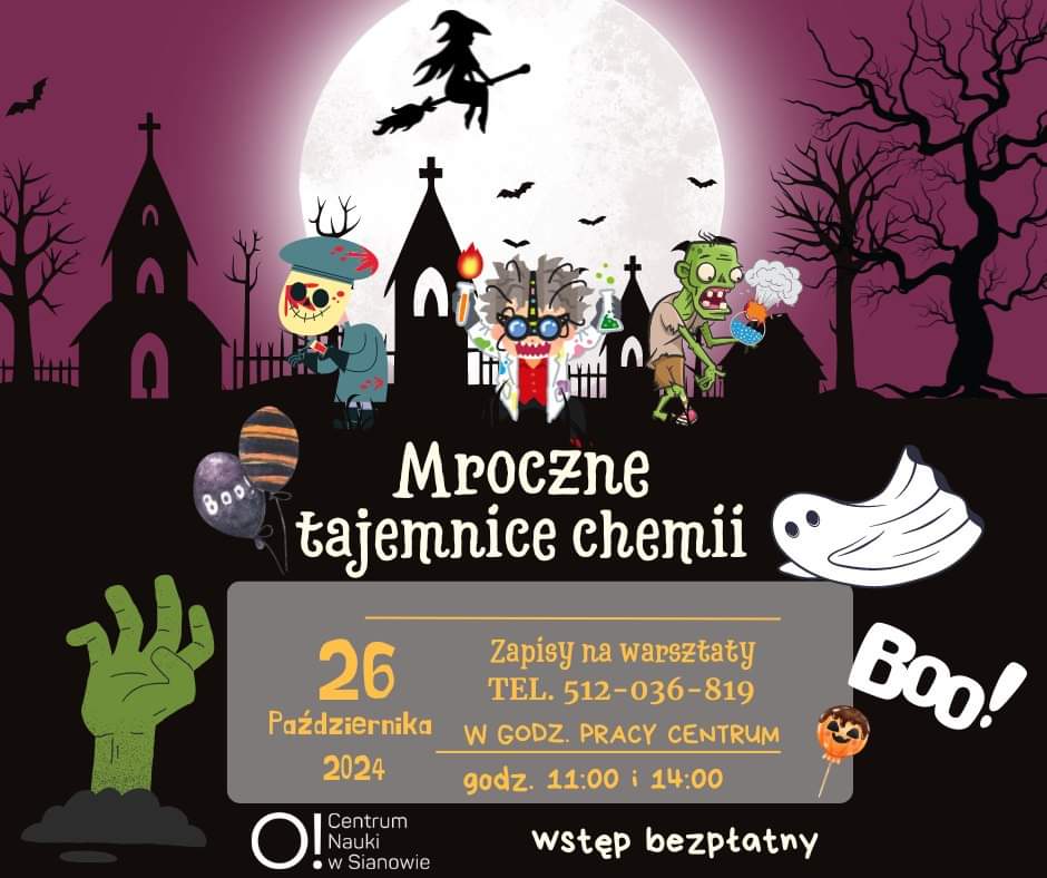 Plakat z zaproszeniem mroczne tajemnice chemii warsztaty w Centrum Nauki w Sianowie 26 października 2024