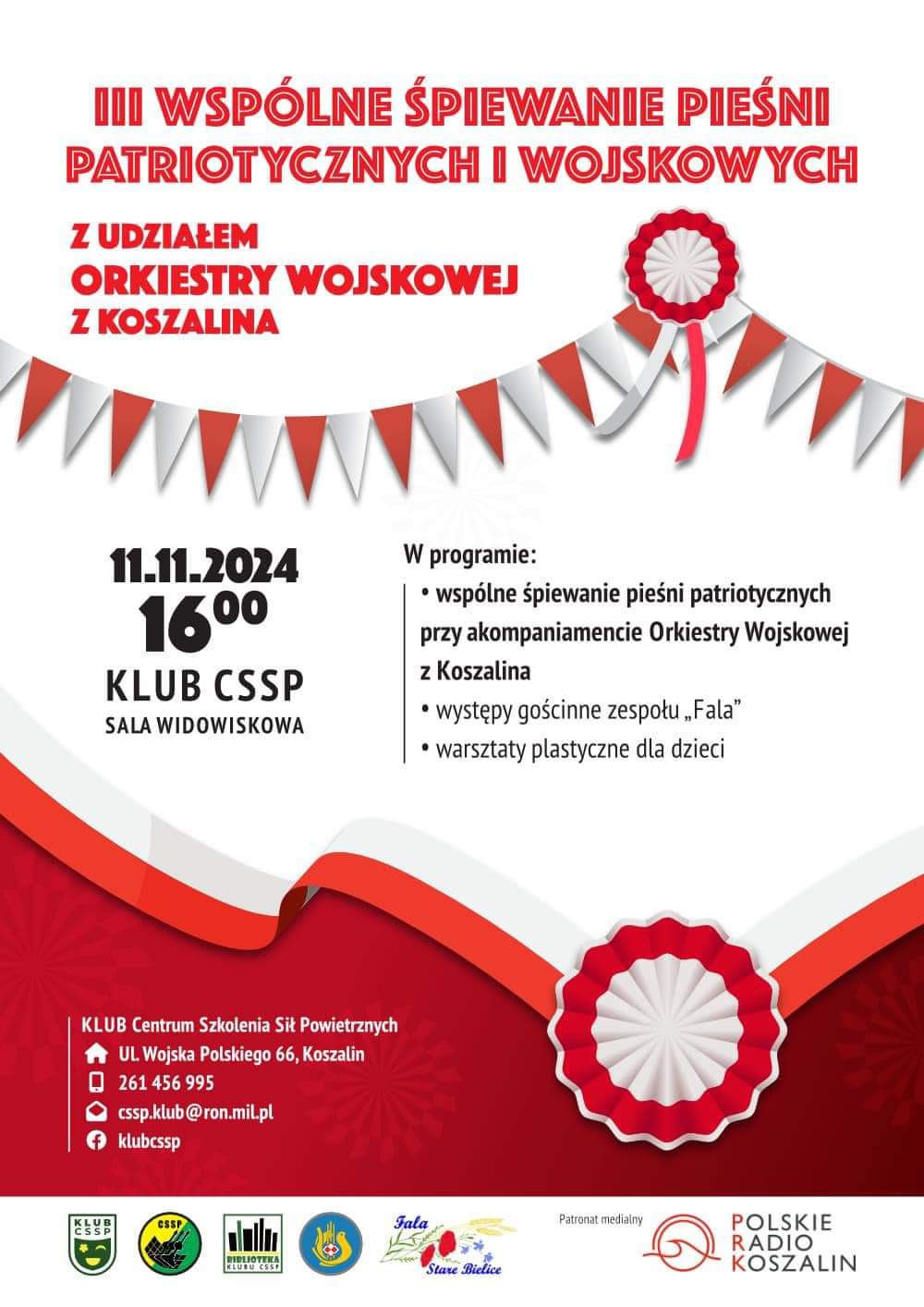 Plakat z zaproszeniem na 3. wspólne śpiewanie pieśni patriotycznych i wojskowych w Centrum Szkolenia Sił Powietrznych w Koszalinie 11 listopada 2024