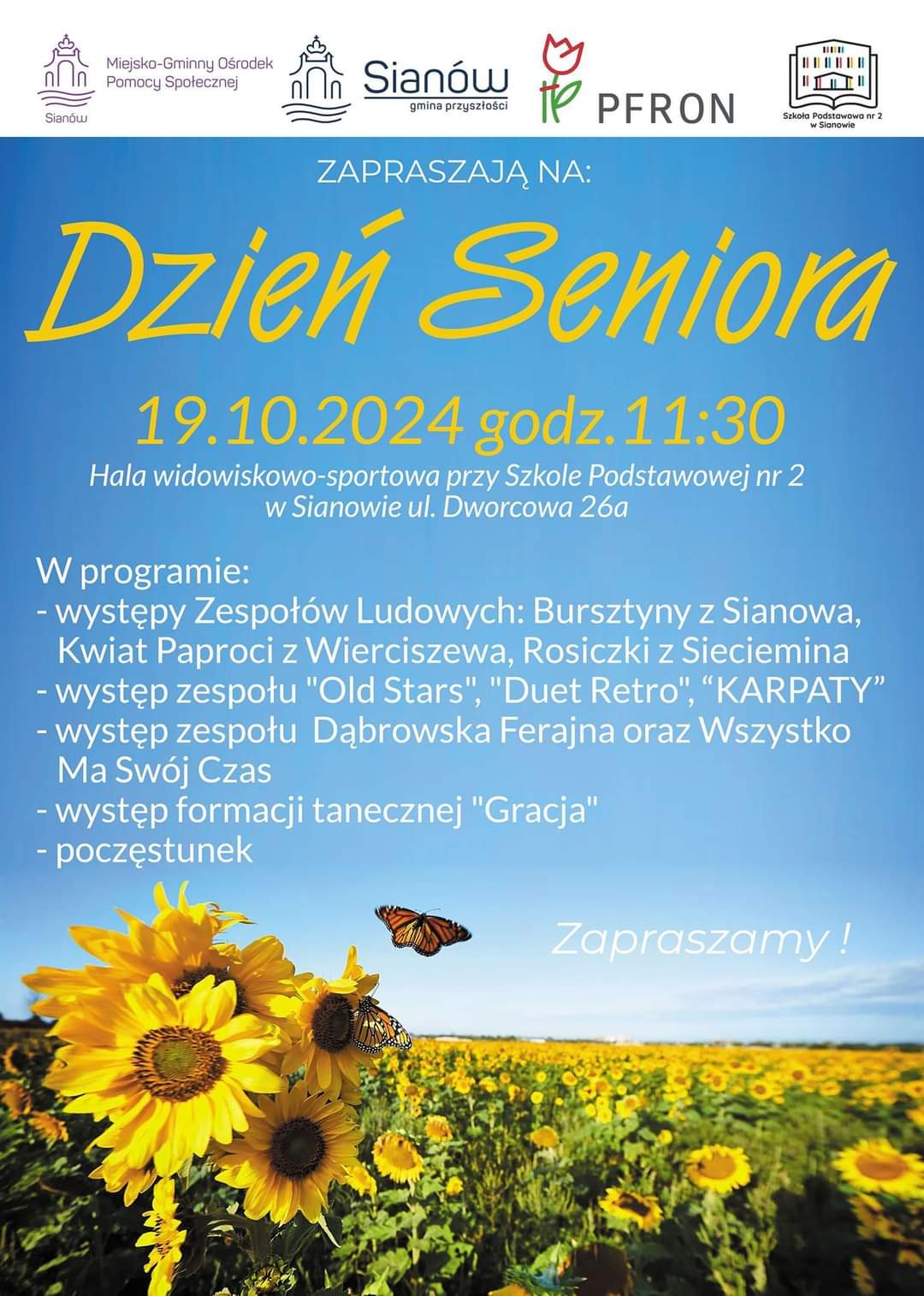 Plakat z zaproszeniem na Dzień Seniora w Sianowie 19 października 2024