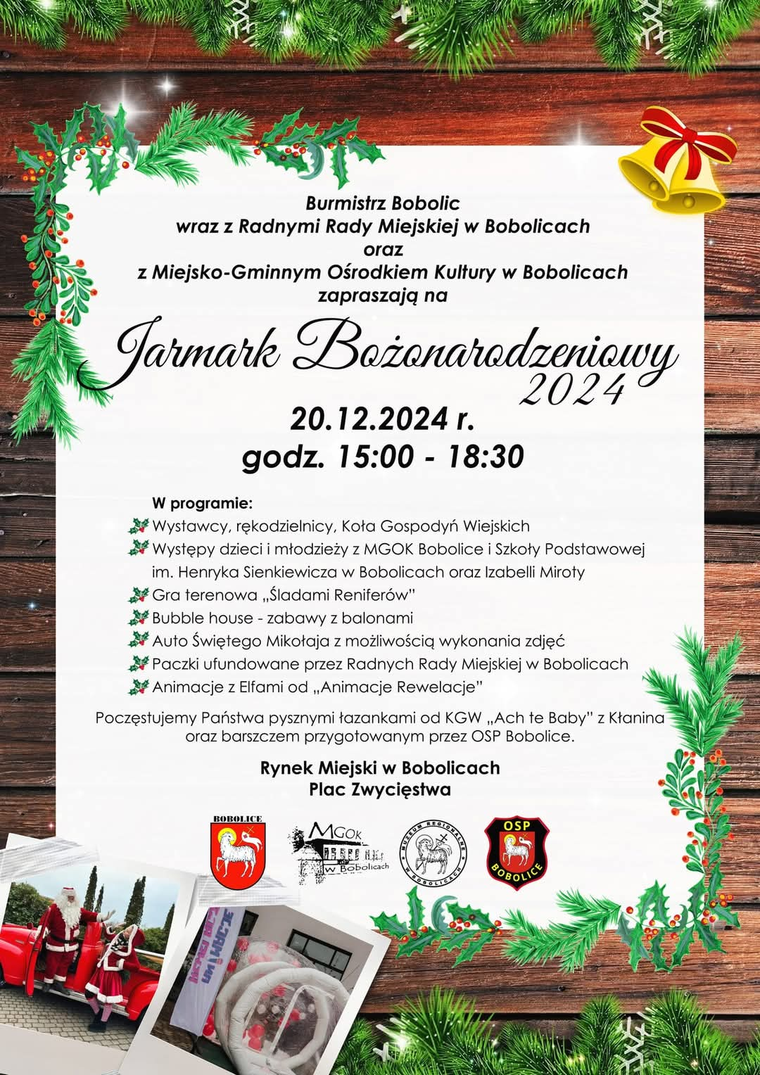 Plakat z zaproszeniem na Jarmark Bożonarodzeniowy w Bobolicach w dniu 20 grudnia 2024 r.