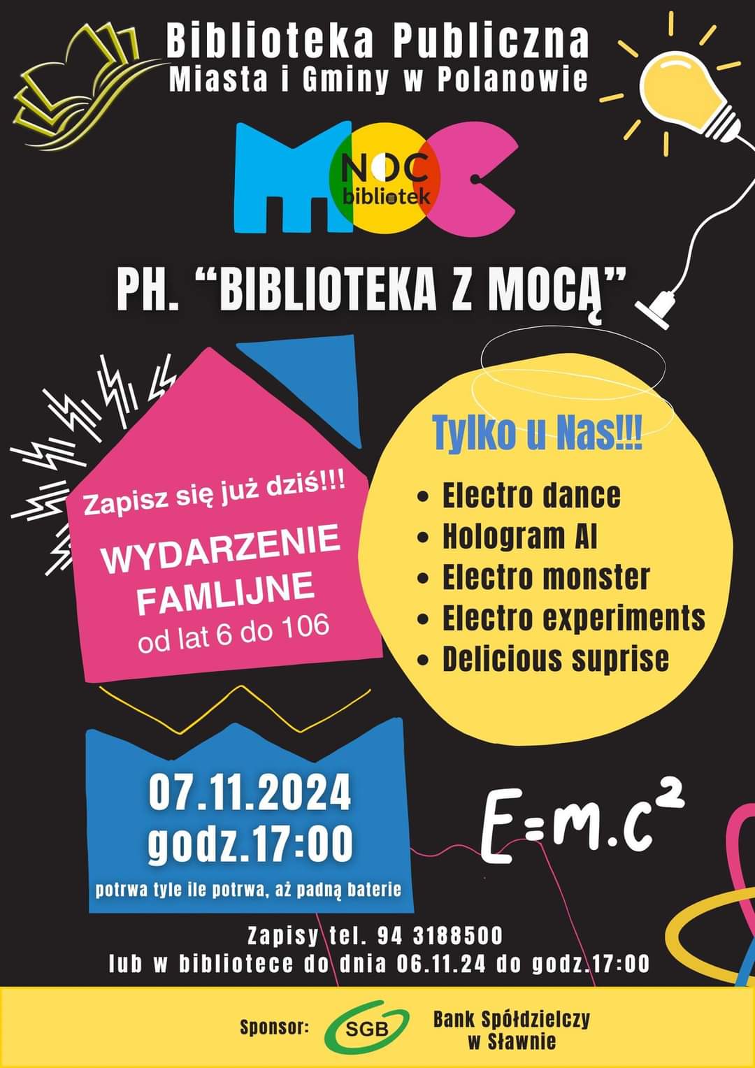 Plakat z zaproszeniem na MOC NOC bibliotek w Polanowie 7 listopada 2024