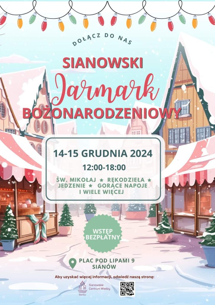 Plakat z zaproszeniem na Sianowski Jarmark Bożonarodzeniowy 14 i 15 grudnia 2024