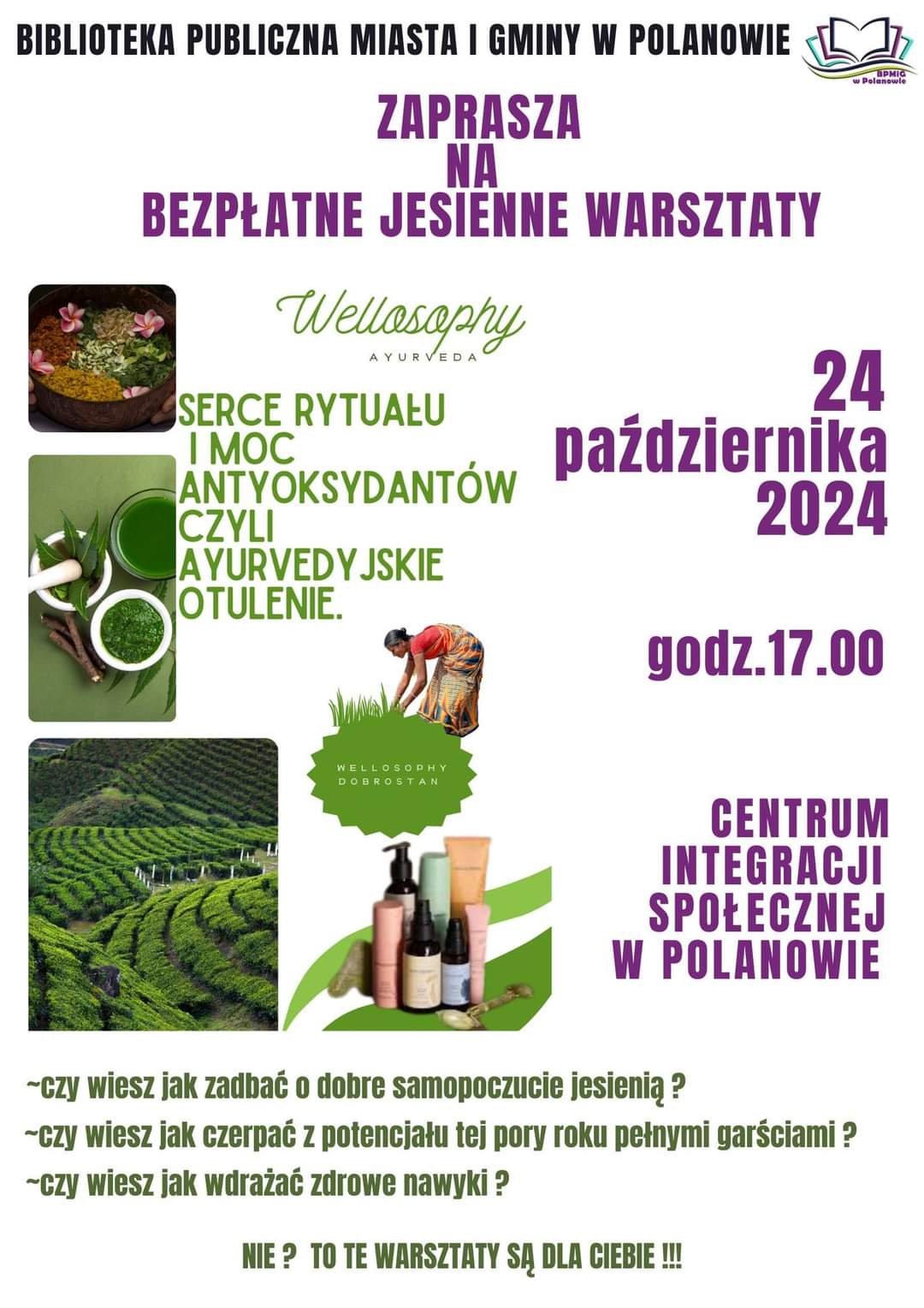 Plakat z zaproszeniem na bezpłatne jesienne warsztaty w Polanowie 24 października 2024