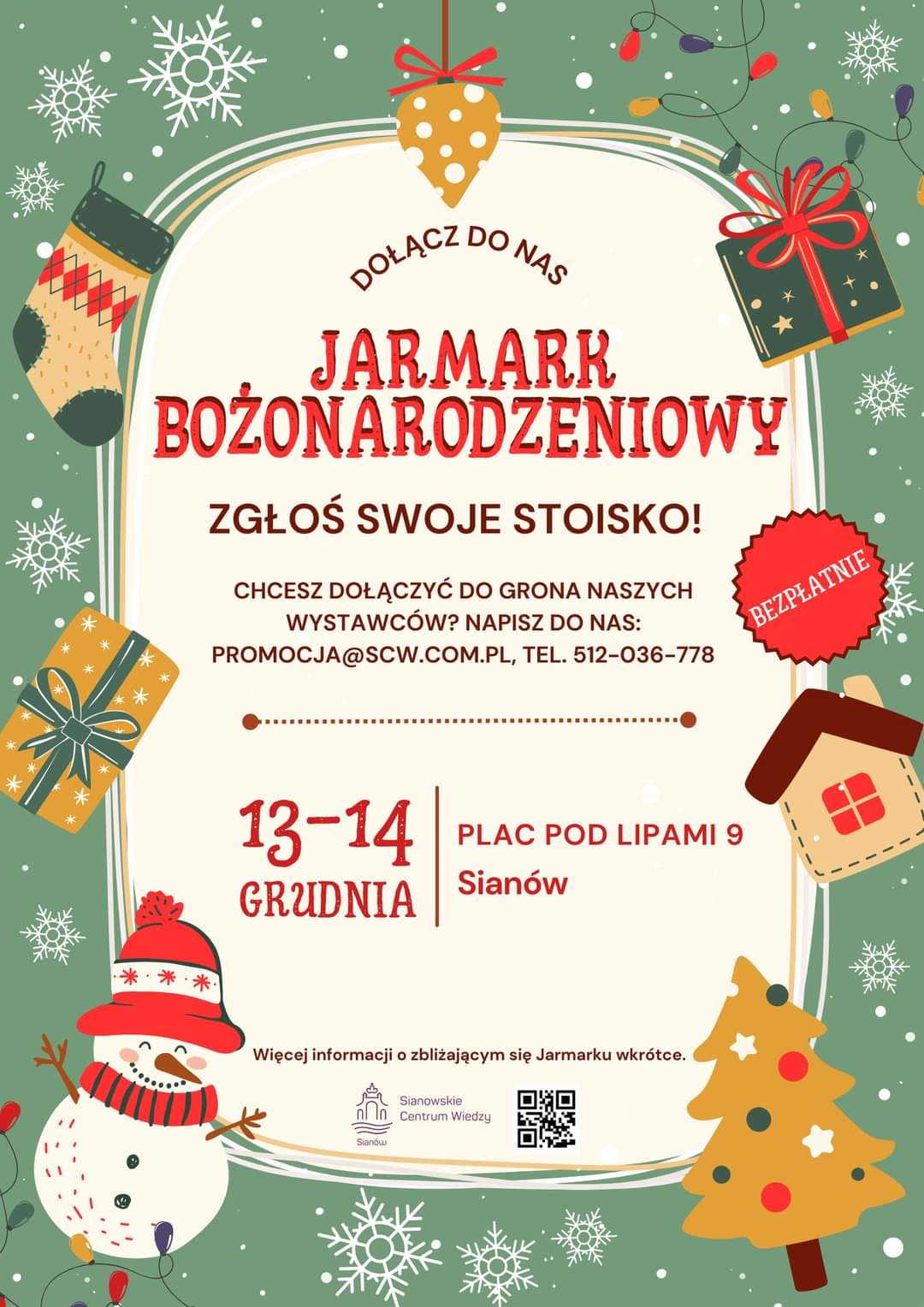 Plakat z zaproszeniem na jarmark bożonarodzeniowy w Sianowie 13 i 14 grudnia 2024