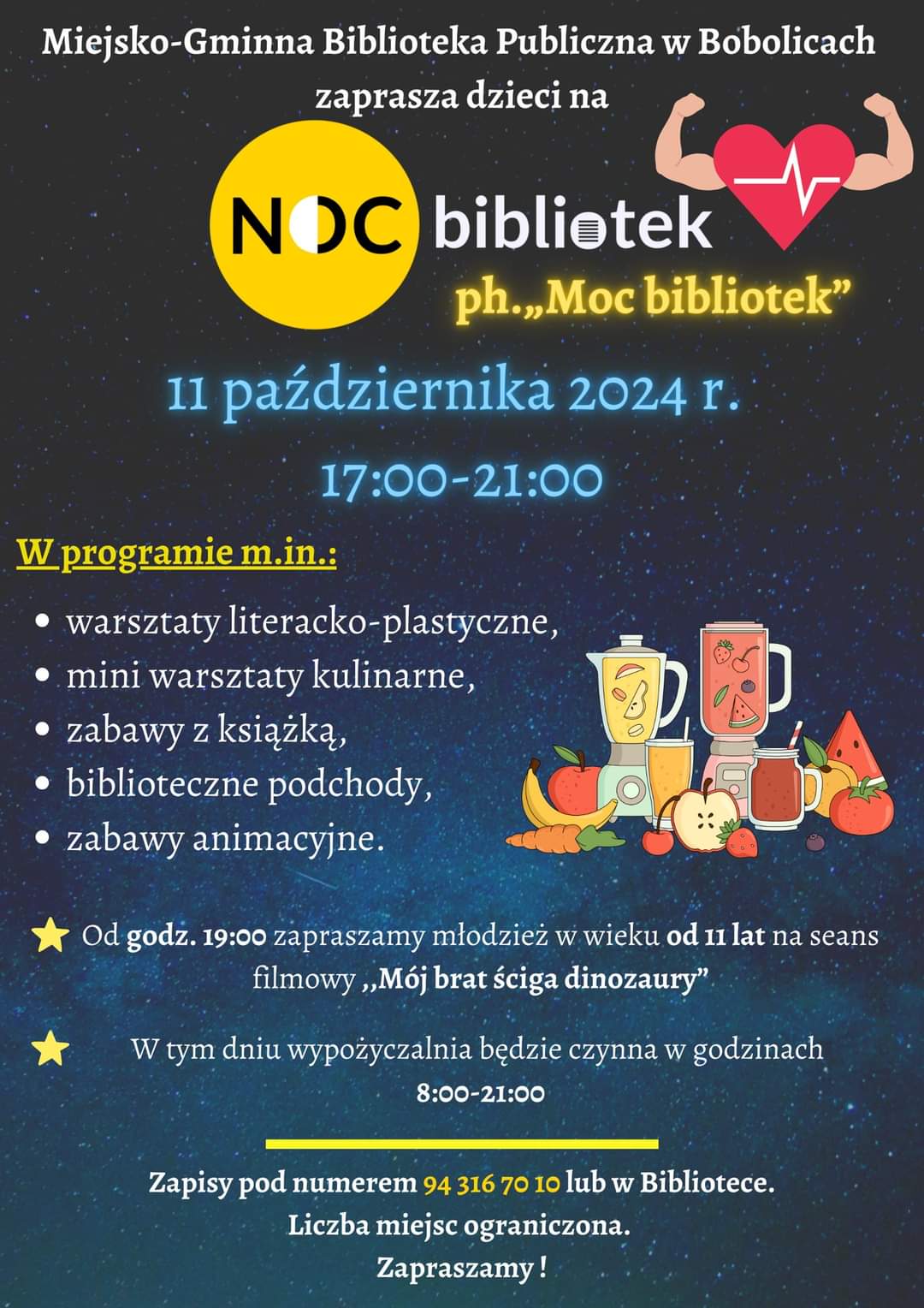 Plakat z zaproszeniem na moc biblioteki w Bobolicach 11 października 2024