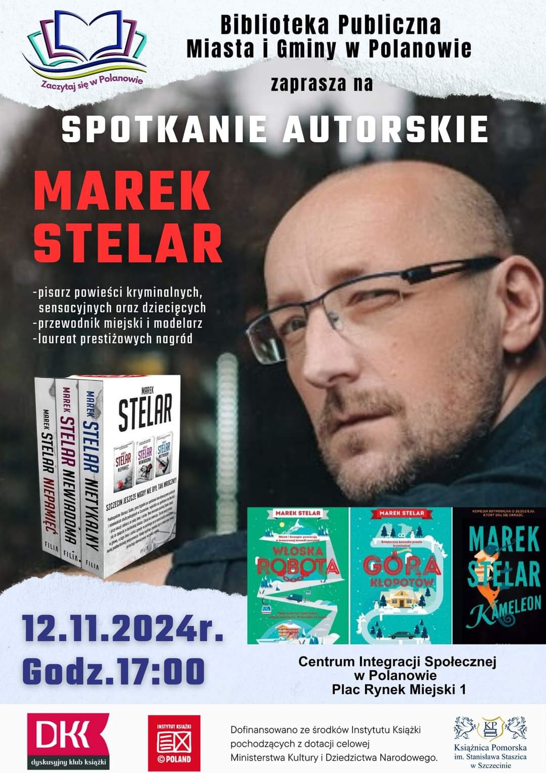 Plakat z zaproszeniem na spotkanie autorskie z Markiej Stelar w Polanowie 12 listopada 2024