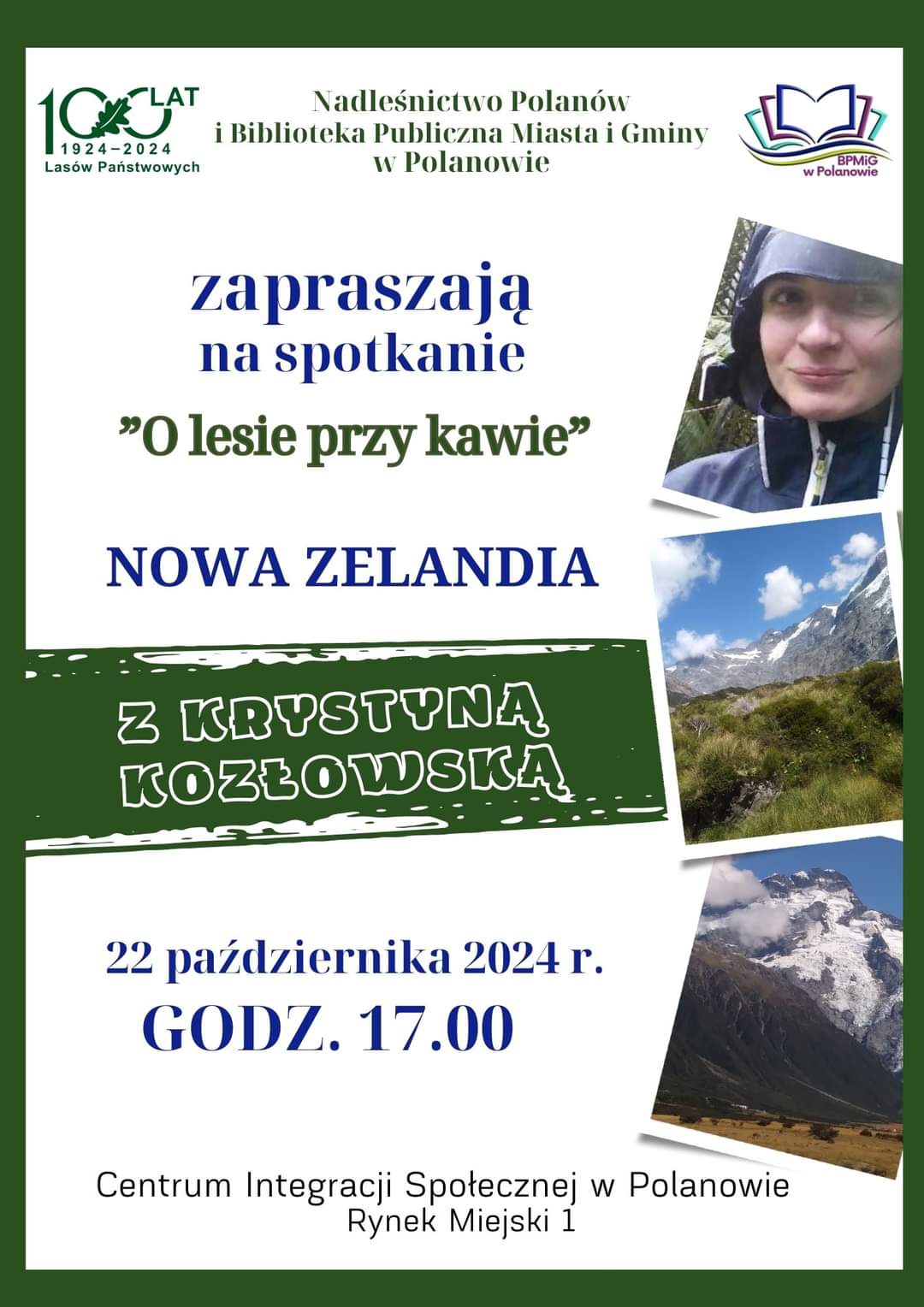 Plakat z zaproszeniem na spotkanie z Krystyną Kozłowską 22 października 2024 w Polanowie