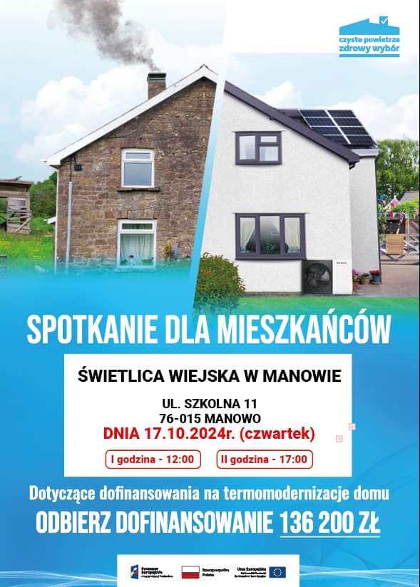 Plakat z zaproszeniem na spotkanie z mieszkańcami dotyczące termomodernizacji domu 17 października 2024 Manowo