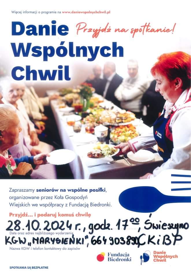 Plakat z zaproszeniem na spotkanie z seniorami w Świeszynie 28 październik 2024