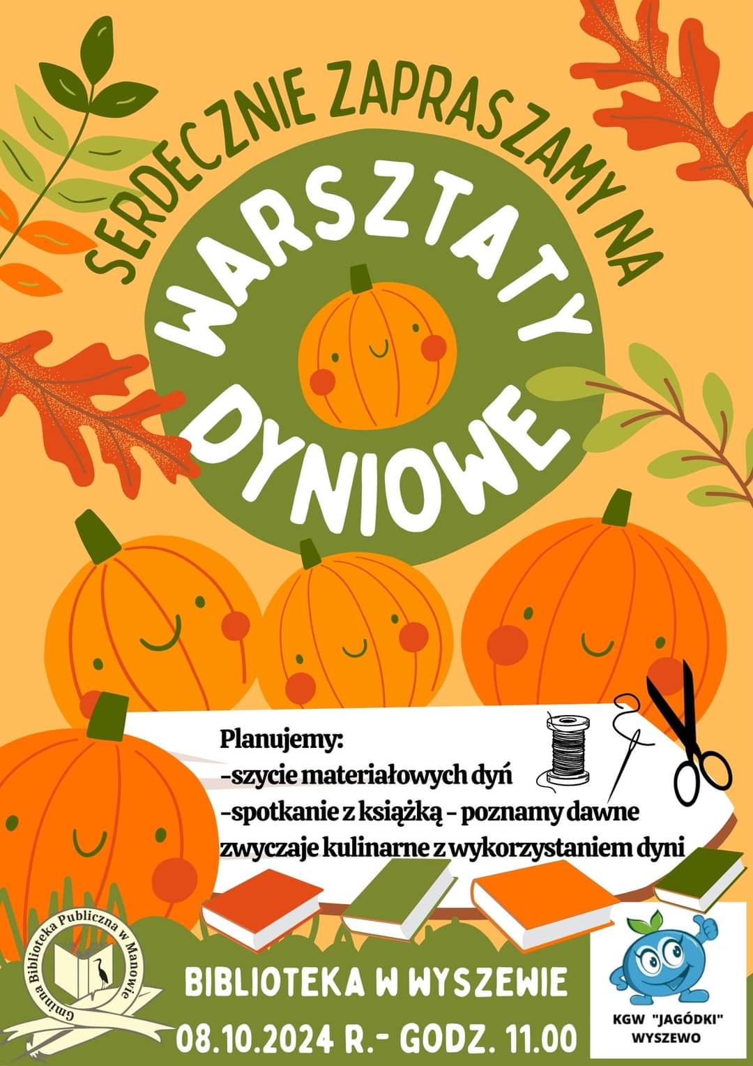 Plakat z zaproszeniem na warsztaty dyniowe w Wyszewie 8 października 2024