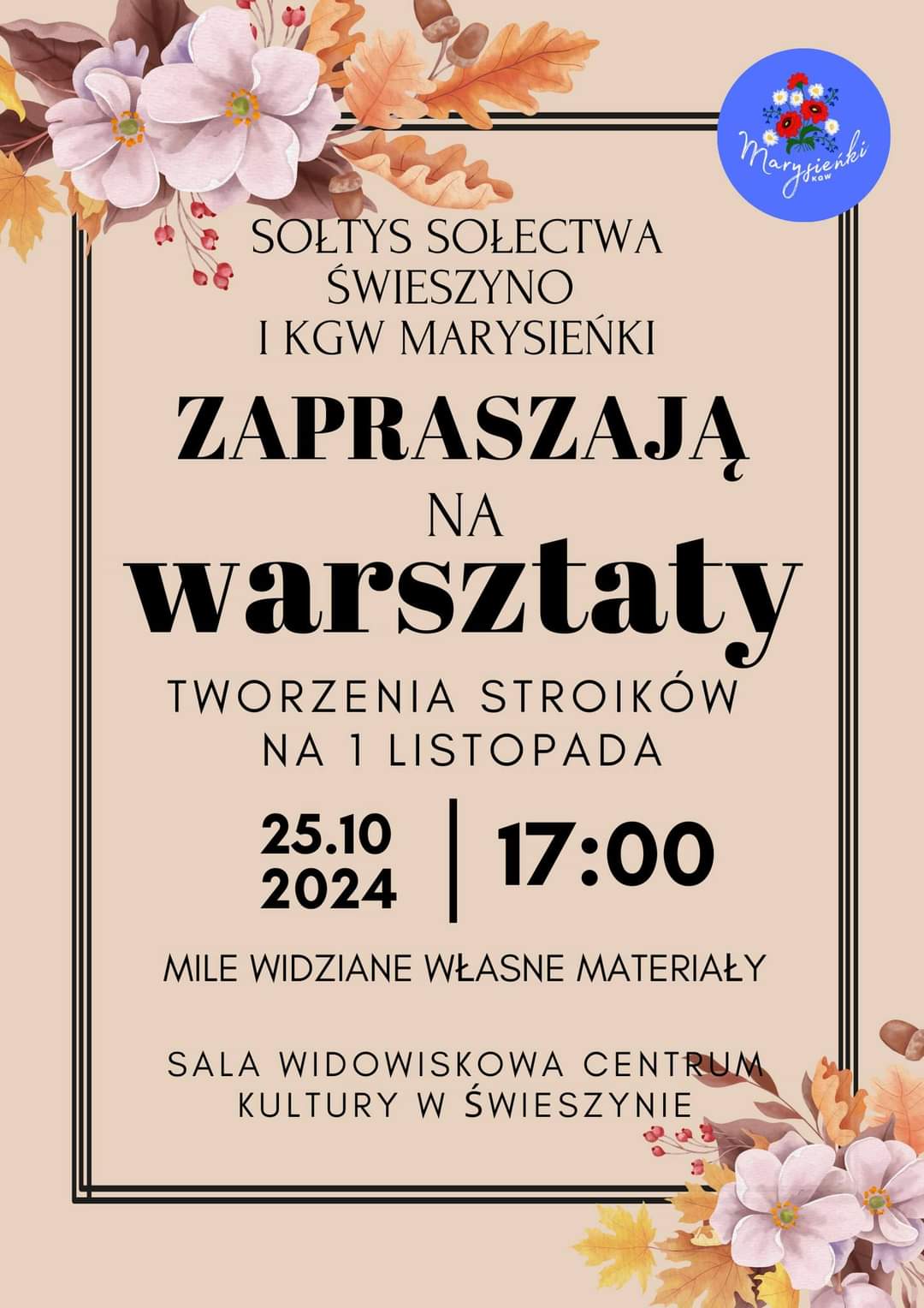 Plakat z zaproszeniem na warsztaty tworzenia stroików 25 października 2024 Świeszyno