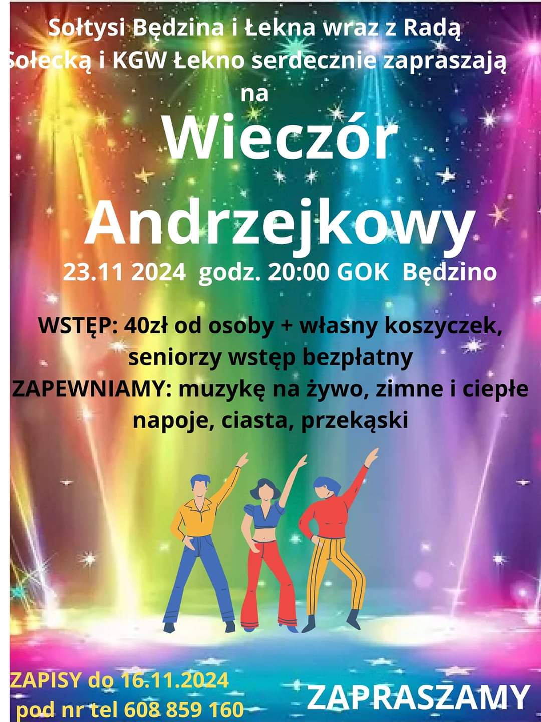 Plakat z zaproszeniem na wieczór andrzejkowy w Będzinie 23 listopada 2024