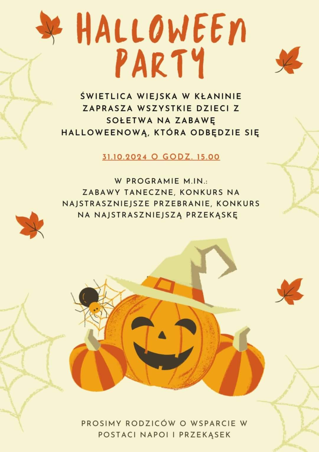 Plakat z zaproszeniem na zabawę halloweenową 31 października 2024 w Kłaninie