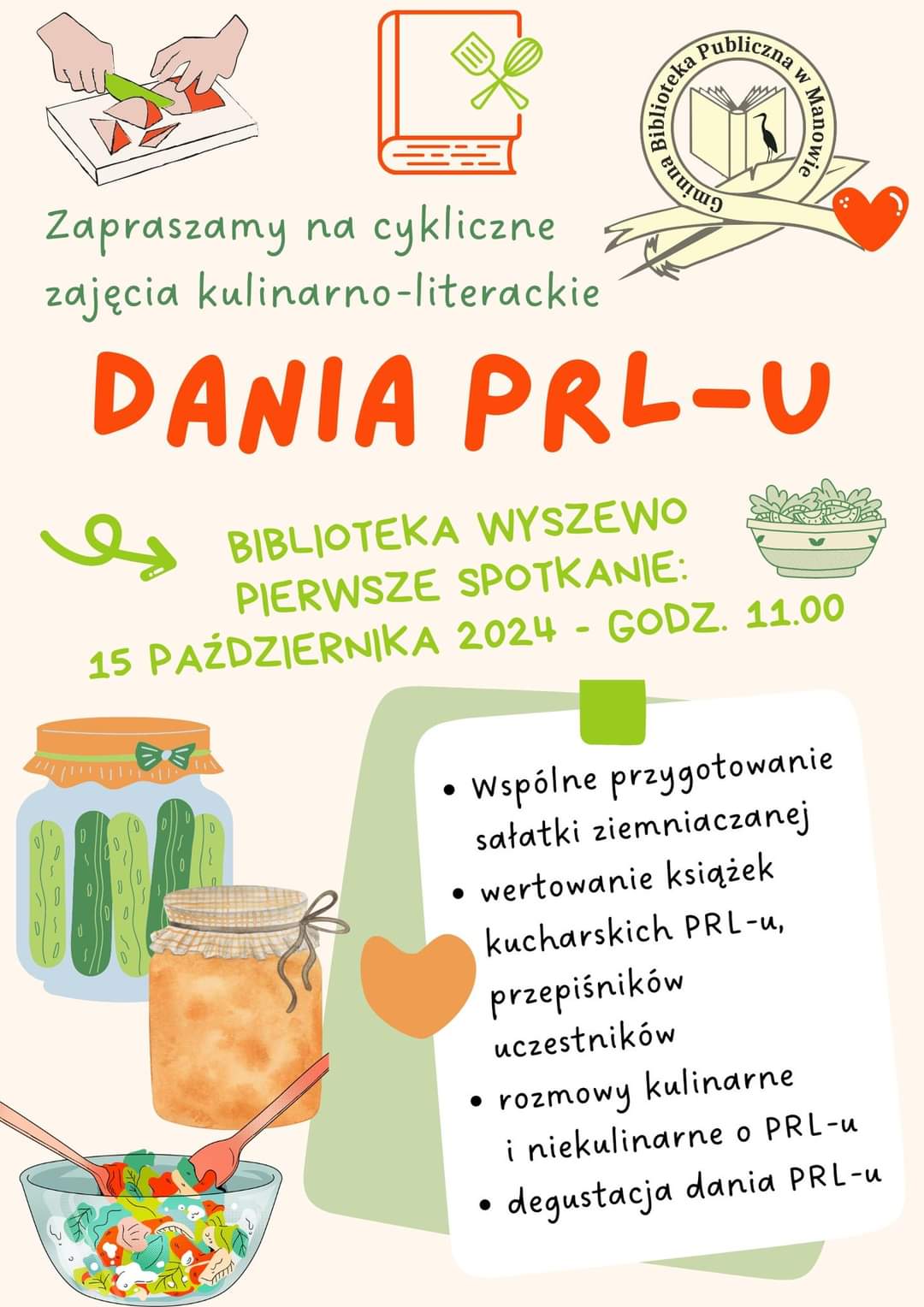 Plakat z zaproszeniem na zajęcia kulinarno literackie w Wyszewie 15 października 2024