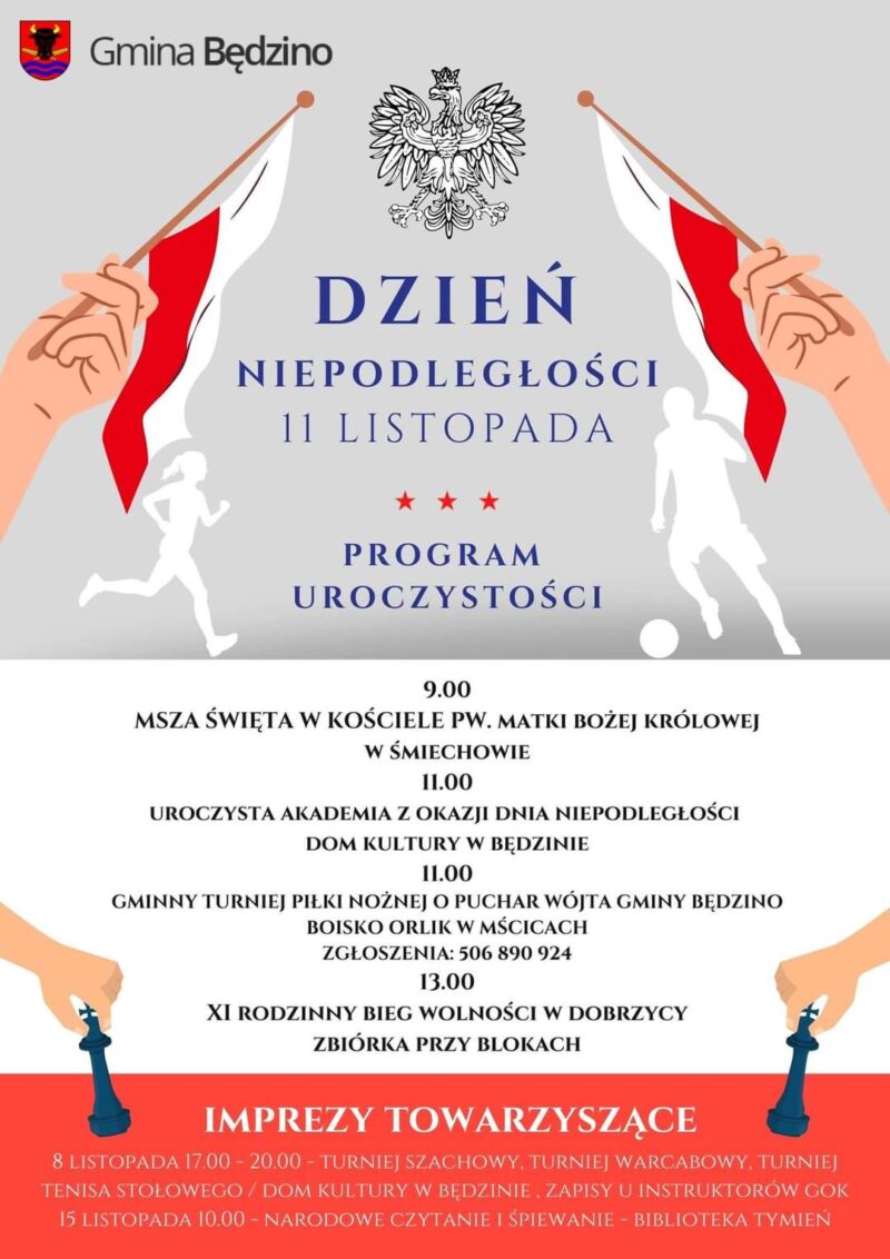 Plakat z zaproszeniem do obchodów Dnia Niepodległości w gminie Będzino 11 listopada 2024