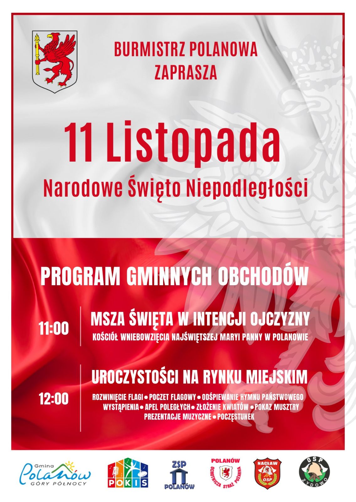 Plakat z zaproszeniem do udziału w Dniu Niepodległości w Polanowie 11 listopada 2024