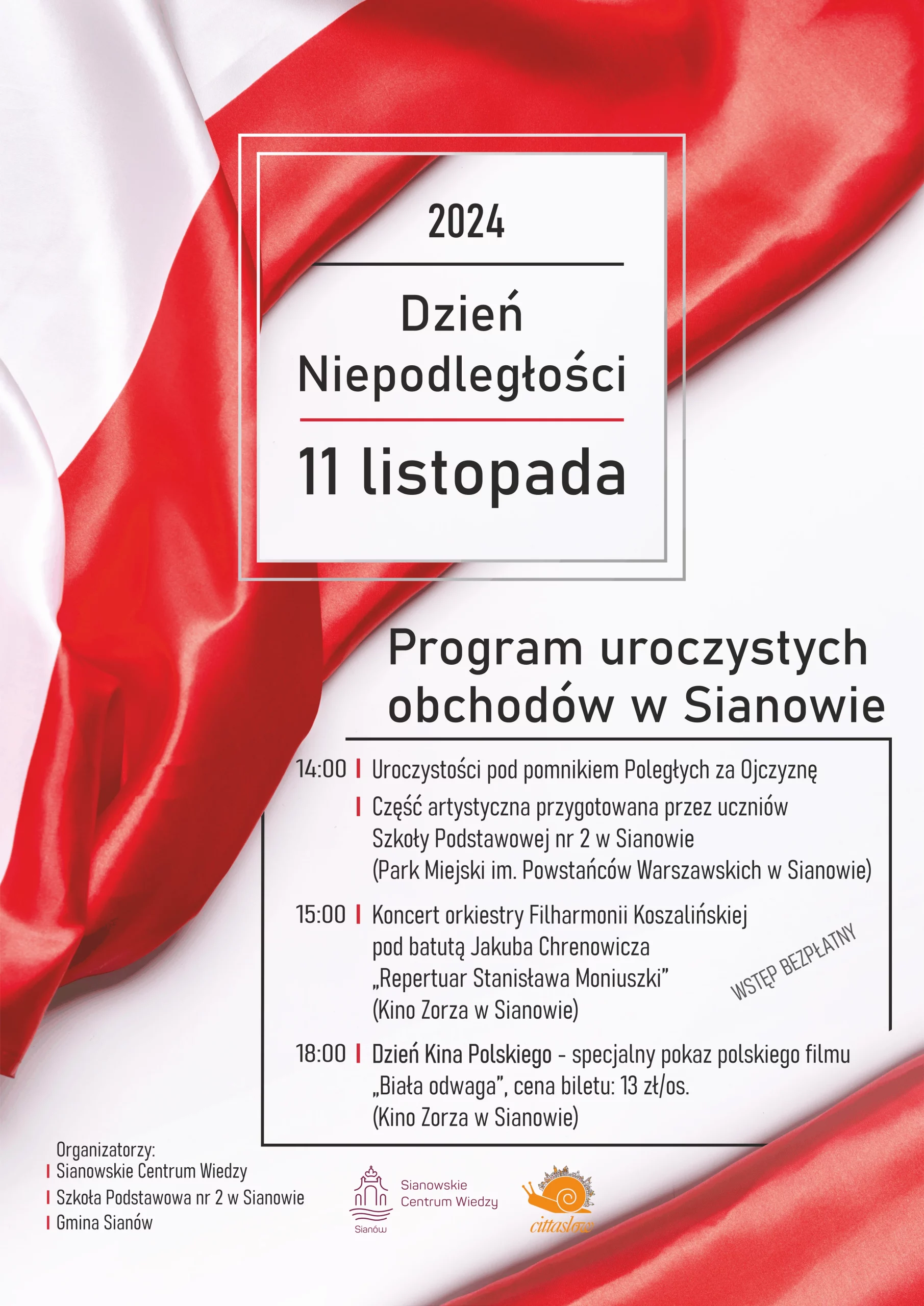 Plakat z zaproszeniem na Dzień Niepodległości 11 listopada 2024 w Sianowie