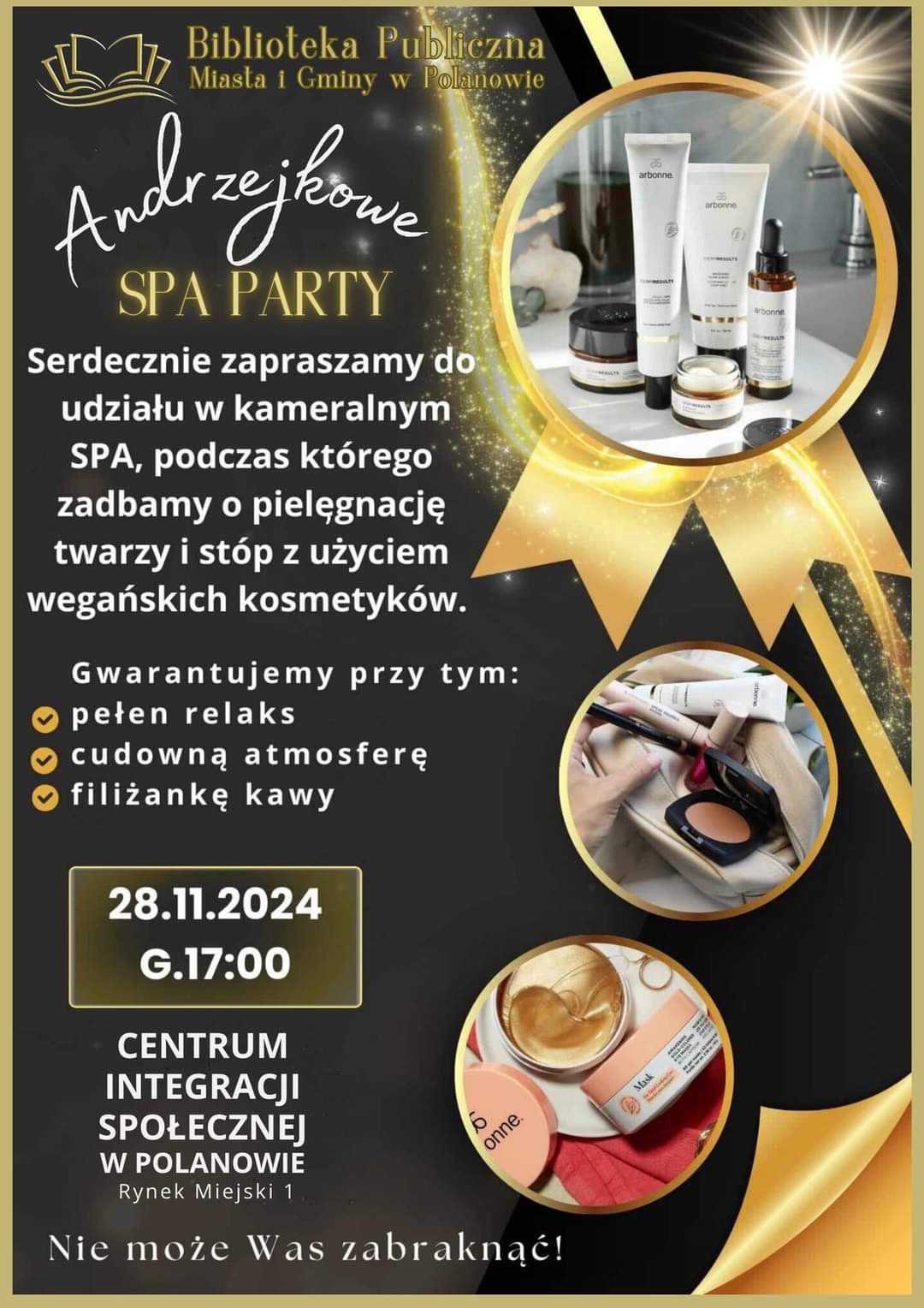 Plakat z zaproszeniem na andrzejkowe party w Polanowie 28 listopada 2024