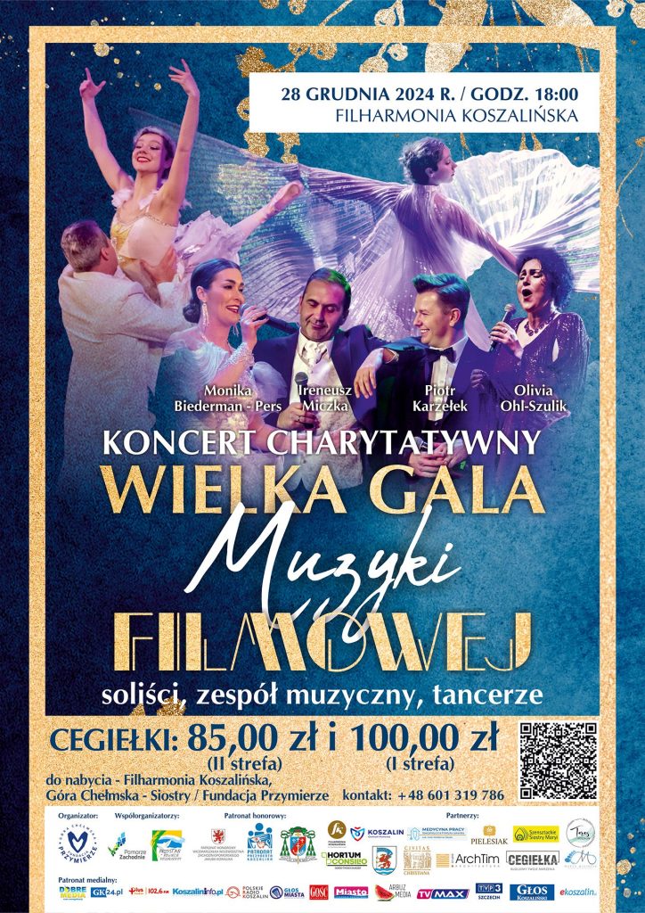 Plakat z zaproszeniem na koncert charytatywny Wielka Gala Muzyki Filmowej 28 grudnia 2024