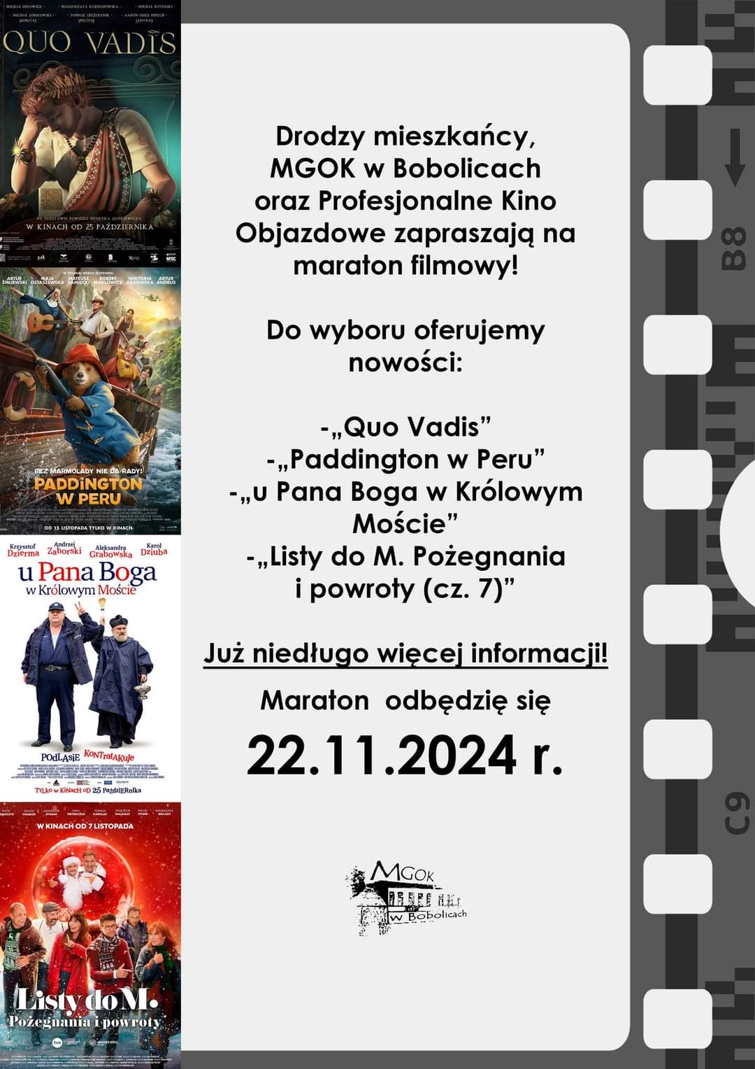 Plakat z zaproszeniem na maraton filmowy w Bobolicach 22 listopada 2024