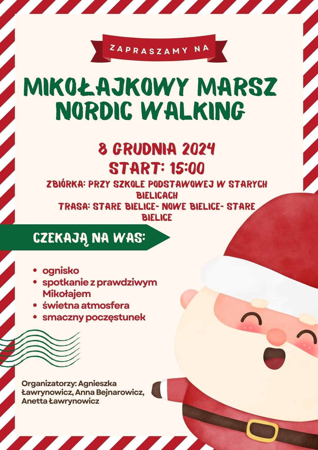 Plakat z zaproszeniem na mikołajkowy marsz nordic walking 8 grudnia 2024 Stare Bielice