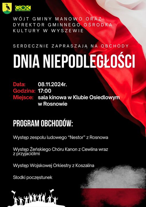 Plakat z zaproszeniem na obchody Dnia Niepodległości w Rosnowie gmina Manowo 8 listopada 2024