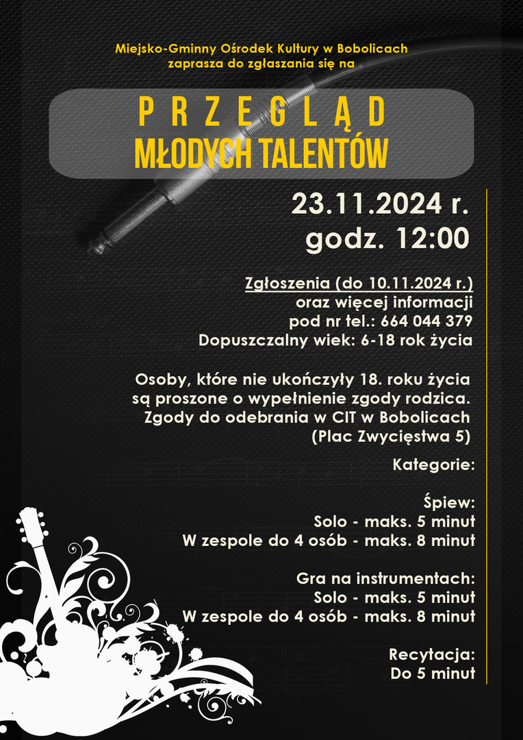 Plakat z zaproszeniem na przegląd młodych talentów w Bobolicach 23 listopada 2024