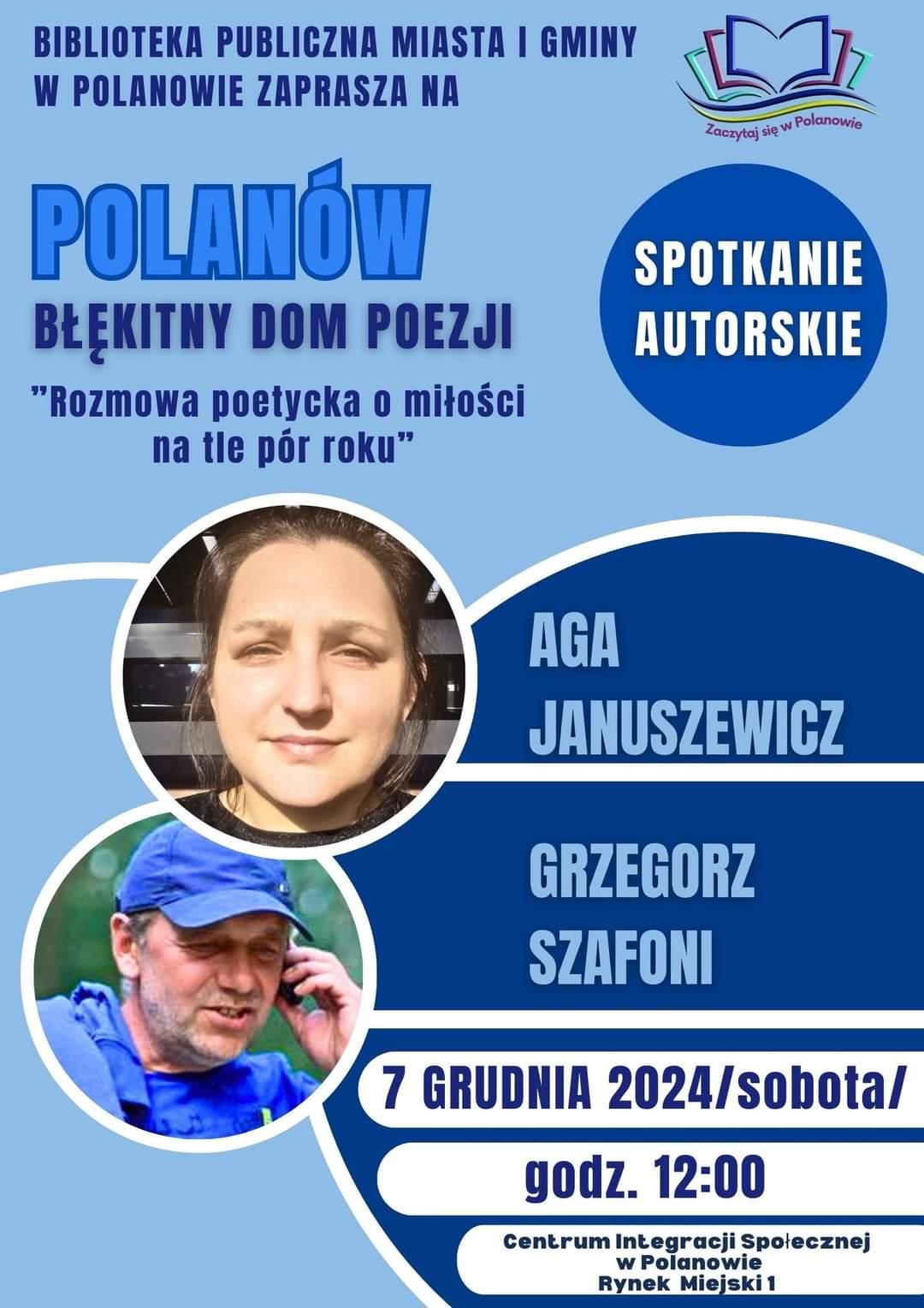 Plakat z zaproszeniem na spotkanie autorskie Błękitny Dom Poezji w Polanowie 7 grudnia 2024