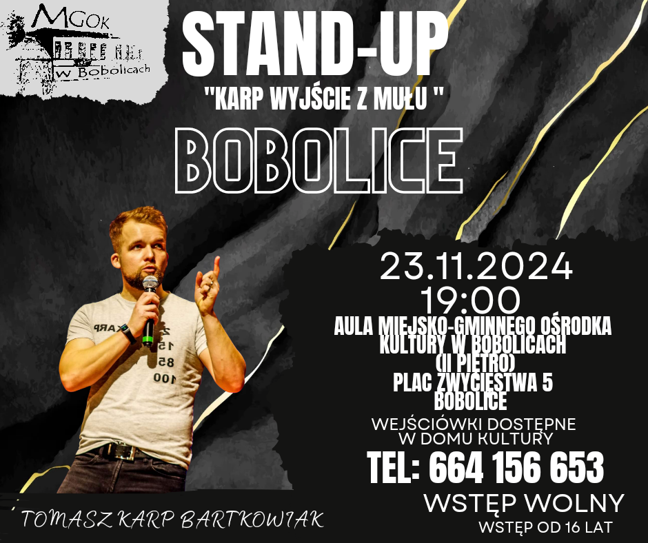 Plakat z zaproszeniem na stand up w Bobolicach 23 listopada 2024