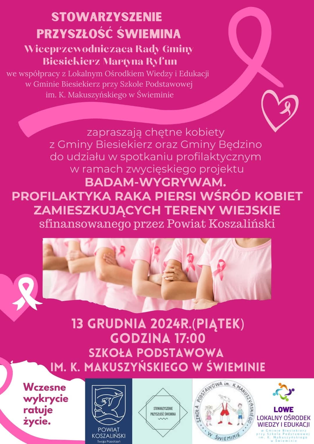 Plakat z zaproszeniem do udziału w profilaktyce raka piersi 13 grudnia 2024 Świemino