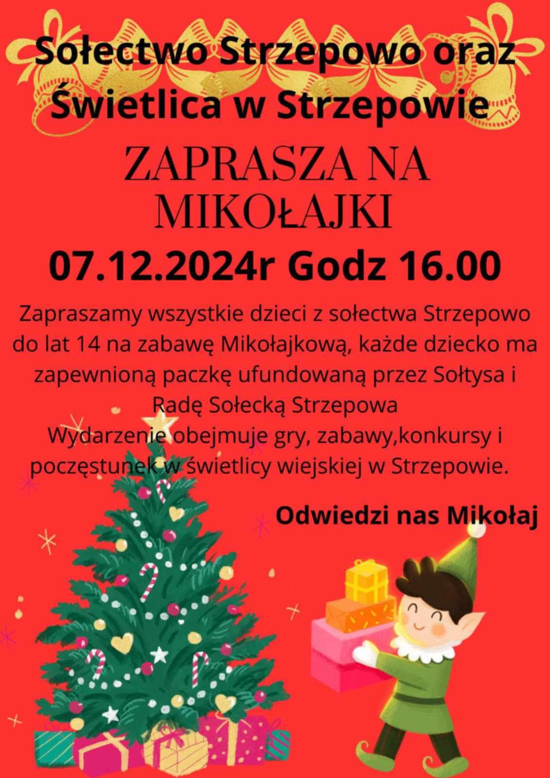 Plakat z zaproszeniem na Mikołajki w Strzepowie gmina Będzino 7 grudnia 2024