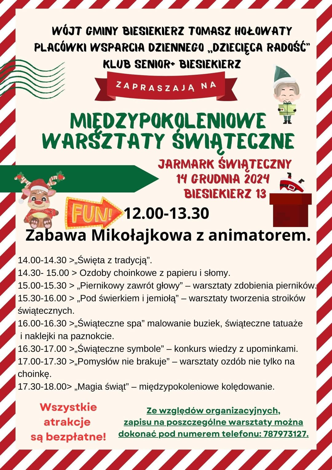 Plakat z zaproszeniem na międzypokoleniowe warsztaty świąteczne w Biesiekierzu 14 grudnia 2024