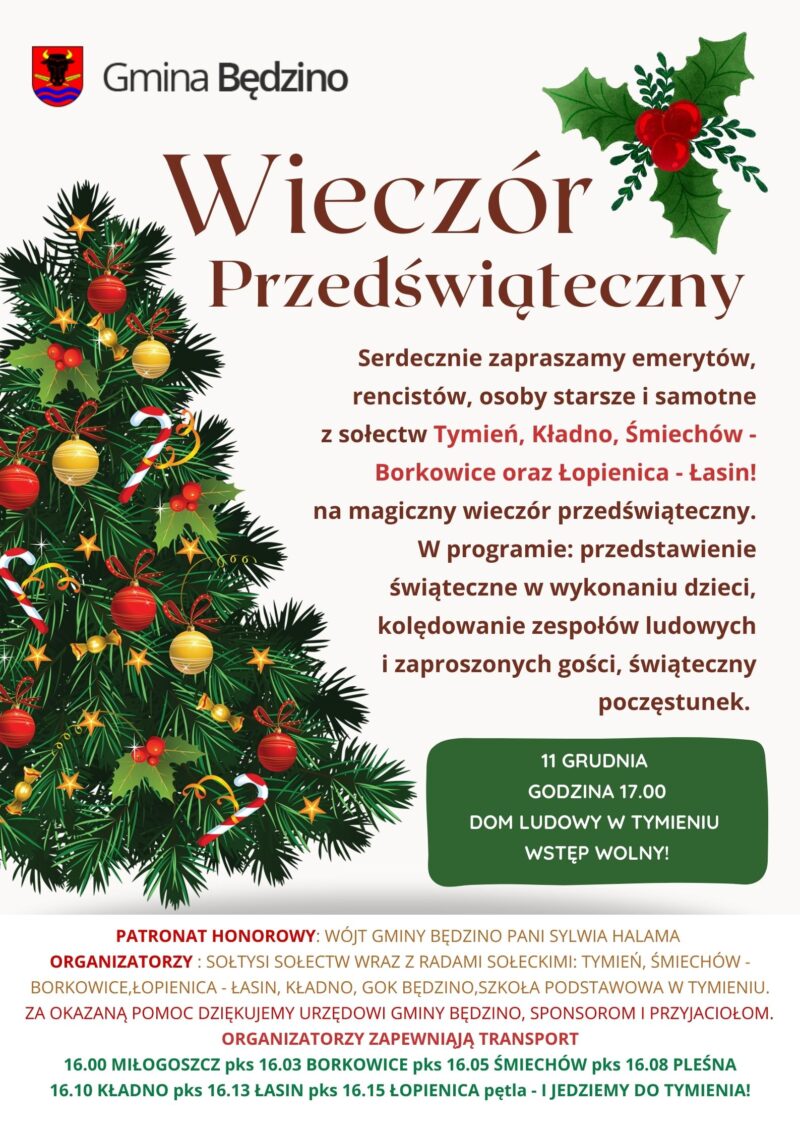 Plakat z zaproszeniem na wieczór przedświąteczny w Tymieniu 11 grudnia 2024