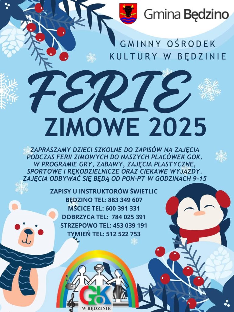 Plakat z zaproszeniem na ferie zimowe w gminie Będzino 2025