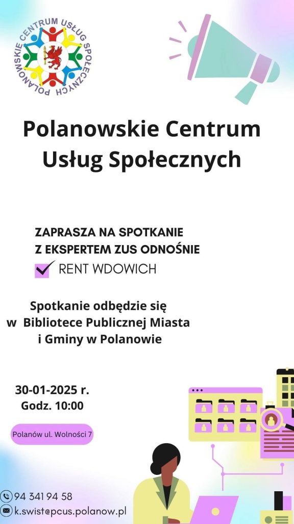 Plakat z zaproszeniem na spotkanie z ekspertem ZUS w Polanowskim Centrum Usług Społecznych 30 stycznia 2025