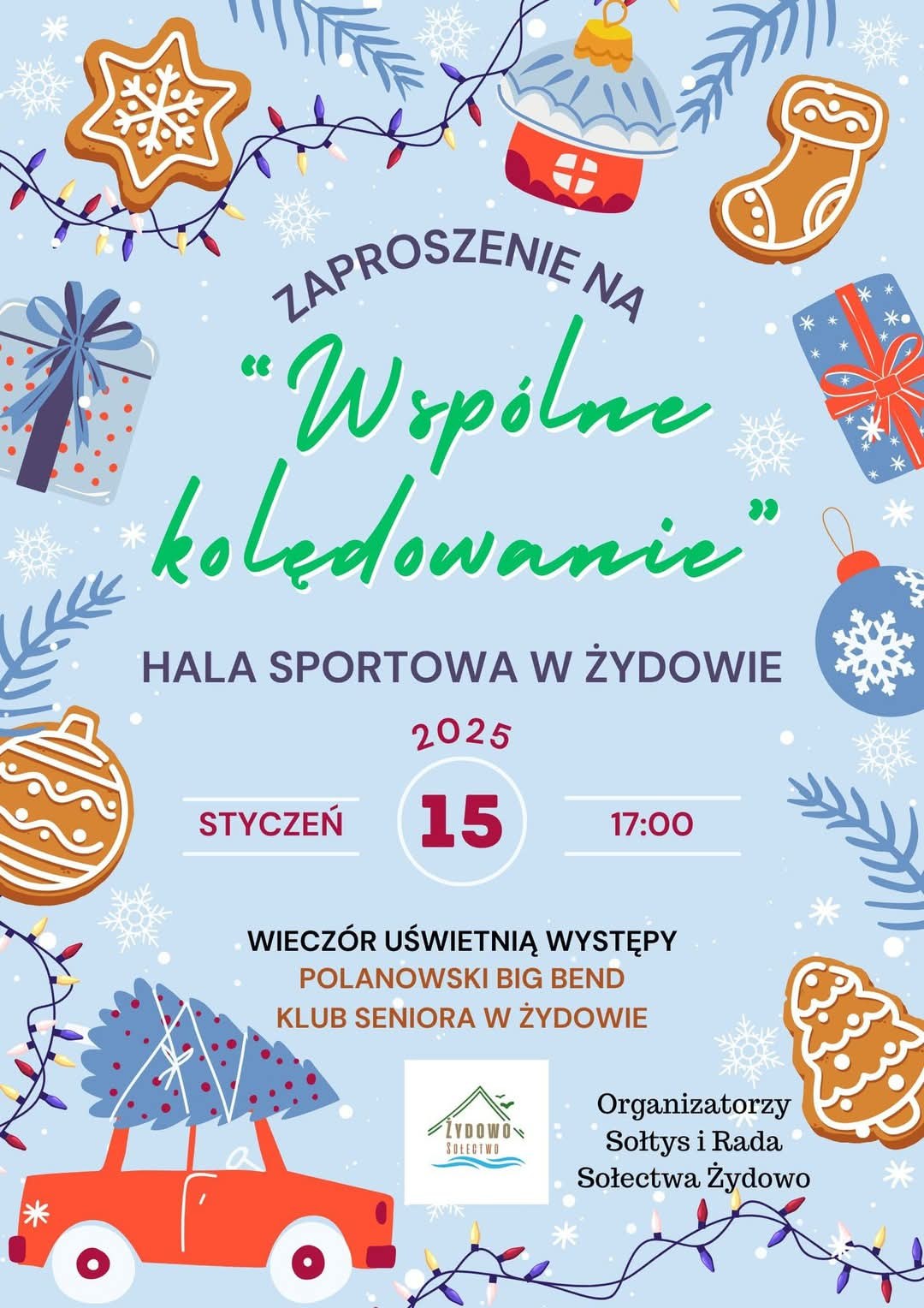 Plakat z zaproszeniem na wspólne kolędowanie w Żydowie 15 stycznia 2025