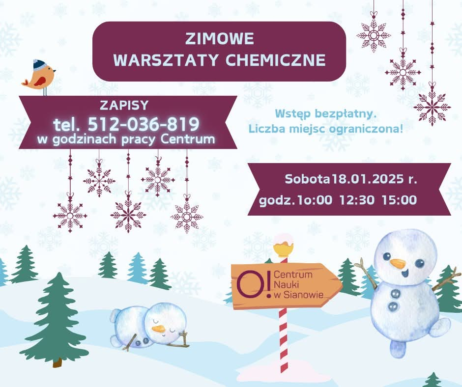 Plakat z zaproszeniem na zimowe warsztaty chemiczne 18 stycznia 2025 Sianów