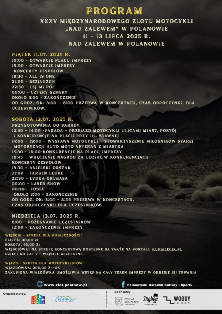 Plakat z programem zlotu motocykli w Polanowie 11_13.07.2025