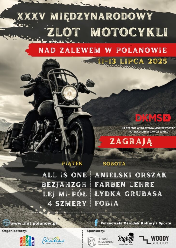Plakat z zaproszeniem na zlot motocykli w Polanowie 11 do 13 lipca 2025