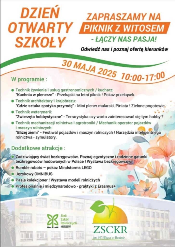 Plakat z zaproszeniem na dzień otwarty w zs ck Bonin 30 maja 2025