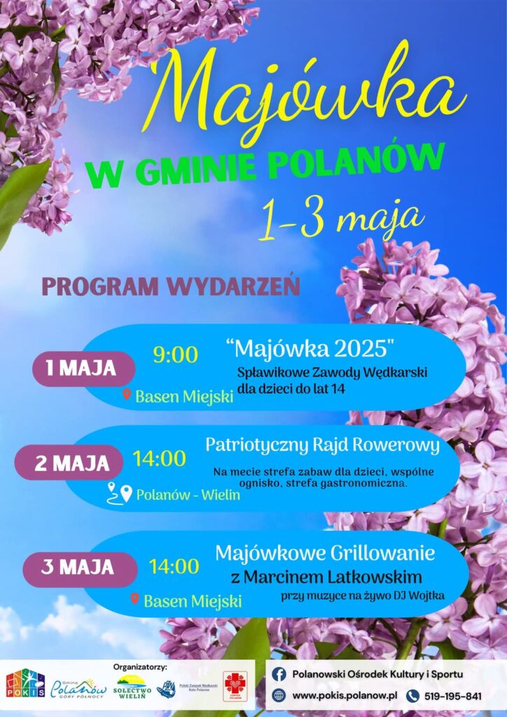 Plakat z zaproszeniem na majówkę w Polanowie 1 do 3 maja 2025